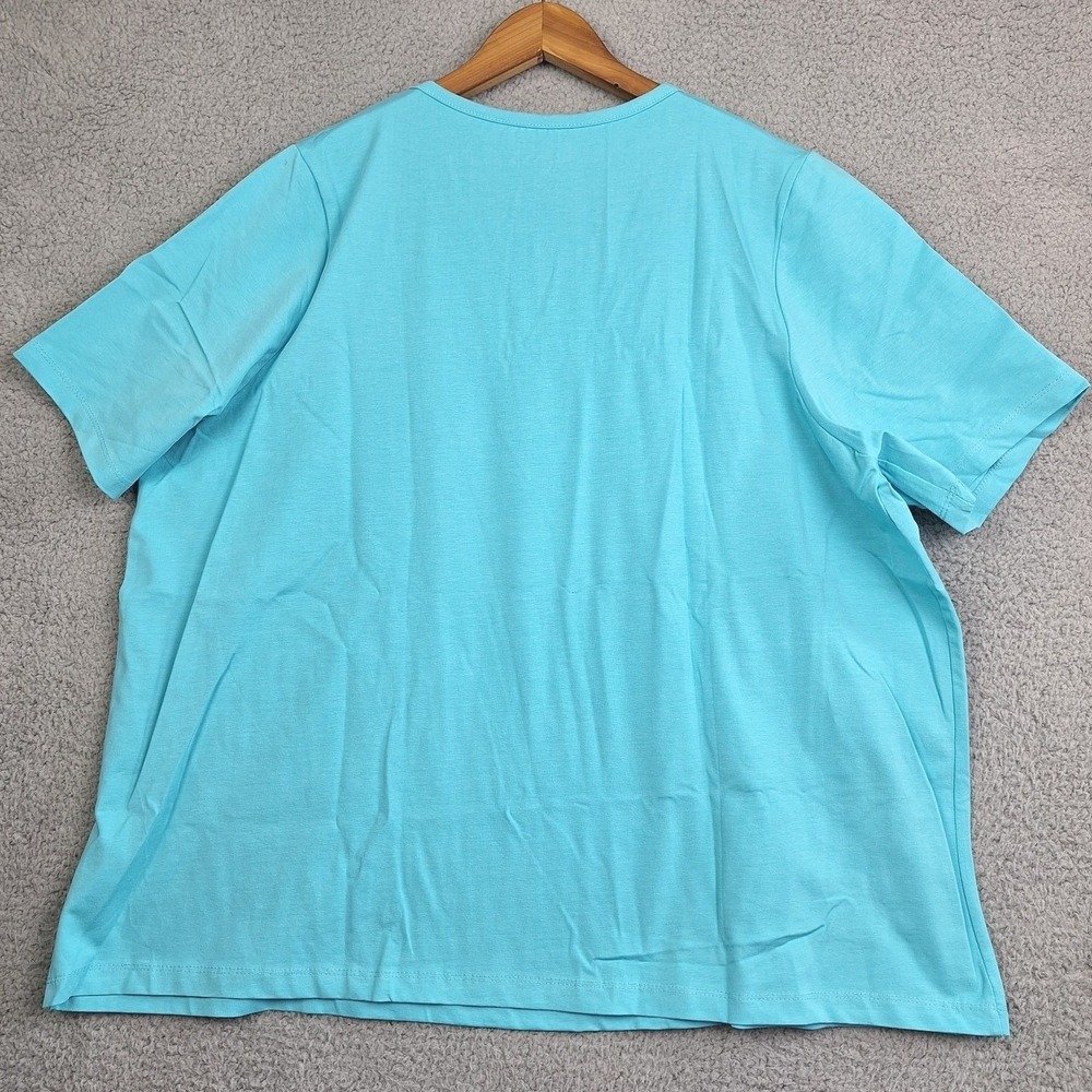 Catherines Top Womens Petite 1X Blue Stretch Pullover‎ Short Sleeve Cutwork Trim - Picture 2 of 10